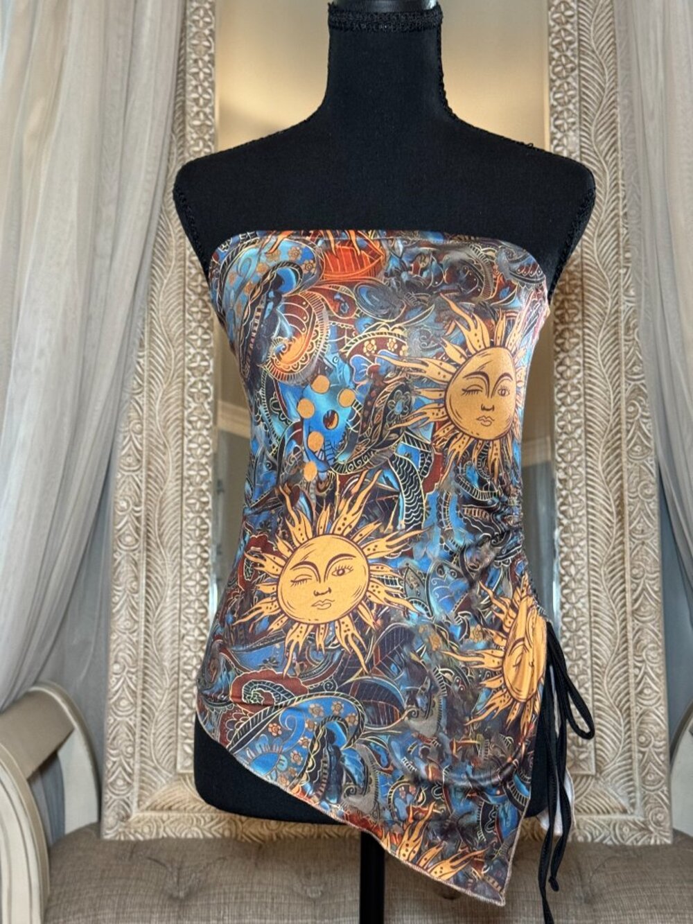 Celestial Sun Print Strapless Ruched Asymmetrical Y2K Top M - Picture 2 of 7
